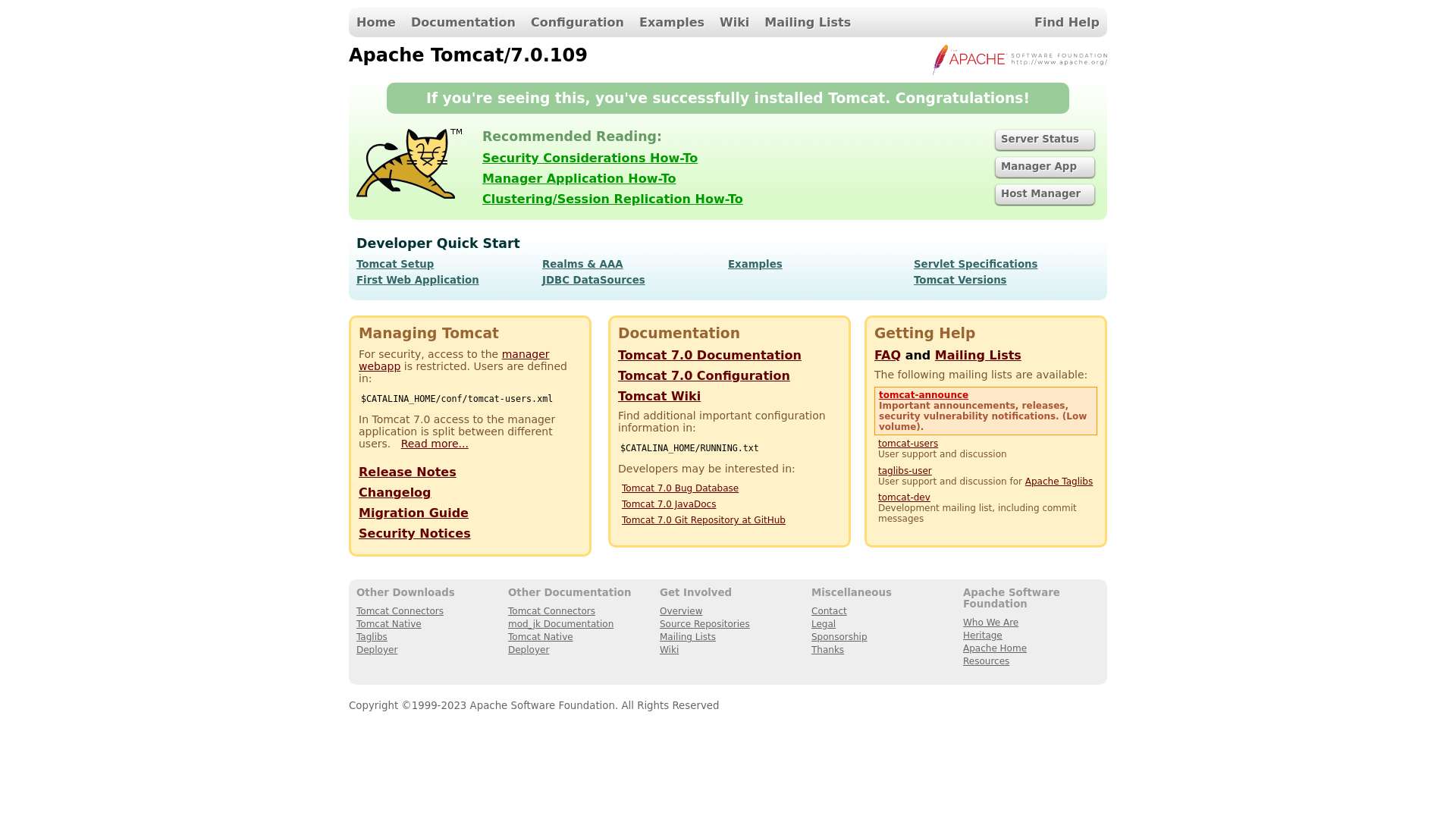 Apache Tomcat/7.0.109截图时间：2023-03-20