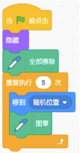 太阳角色的绿旗触发脚本：先隐藏、再全部擦除、接着重复执行5次移到随机位置后执行图章操作