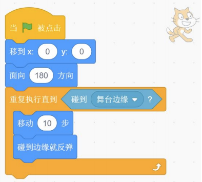 Scratch程序：绿旗被点击后，先移到x:0 y:0位置，面向180°方向，重复执行直到碰到舞台边缘，循环体内包含移动10步、碰到边缘就反弹两个指令