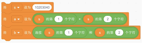 变量赋值积木：将s设为10203040，将a设为s的第1个字符加s的第2个字符，将b设为连接s的第1个字符和s的第2个字符