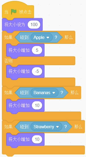 Scratch程序积木：绿旗触发后初始大小设为100，碰到Apple大小加5否则减5，碰到Bananas大小加10，碰到Strawberry大小加10