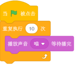 Scratch程序片段：绿旗被点击，重复执行10次，播放声音‘喵’等待播完