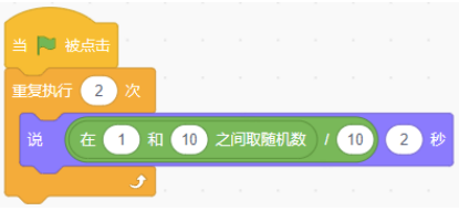 Scratch程序：当绿旗被点击，重复执行2次，每次说【在1和10之间取随机数 / 10】2秒