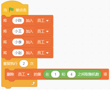 Scratch程序截图：添加4个员工后重复2次随机删除1-4项