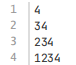 第一行4、第二行34、第三行234、第四行1234