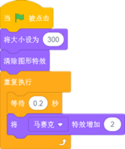 Scratch脚本：绿旗触发后将角色大小设为300、清除图形特效，之后重复执行等待0.2秒、增加颜色特效2的操作