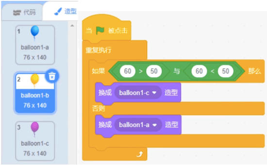 Balloon1初始造型及点击绿旗后的代码块
