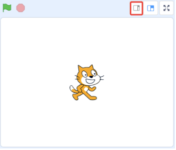Scratch界面截图，红框标识舞台右上角第一个视图按钮