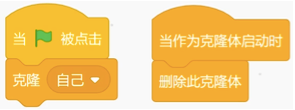 当绿旗被点击时克隆自己；当作为克隆体启动时删除此克隆体的积木块