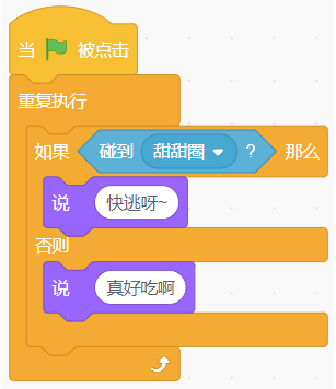 选项D程序：碰到甜甜圈时说“快逃呀~”，否则说“真好吃啊”