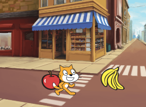 Scratch舞台界面，小猫位于苹果和香蕉之间