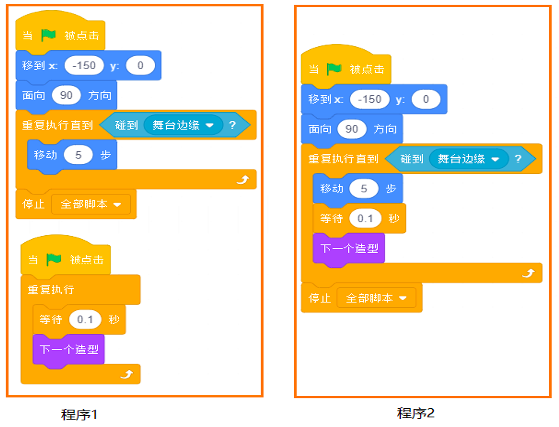 Scratch程序1与程序2控制小猫的积木块截图