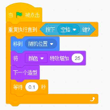 Scratch程序：当绿旗被点击，重复执行直到按下空格键，循环内依次执行移到随机位置、将颜色特效增加25、下一个造型、等待0.1秒
