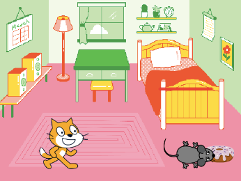 场景图：房间内有小猫、老鼠和甜甜圈角色