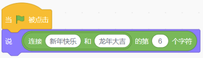 Scratch程序积木：当绿旗被点击时，说连接“新年快乐”和“龙年大吉”的第6个字符