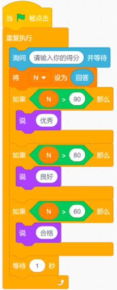 Scratch成绩判断程序代码块