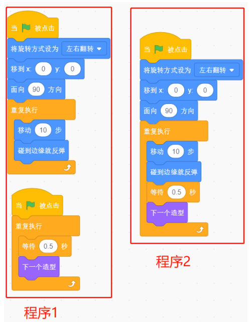 Scratch程序1与程序2的对比截图