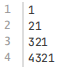 第一行1、第二行21、第三行321、第四行4321