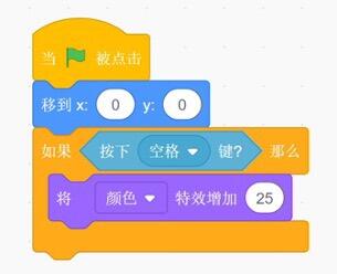 Scratch程序块：绿旗被点击移到x:0 y:0，条件判断按下空格键则颜色特效增加25