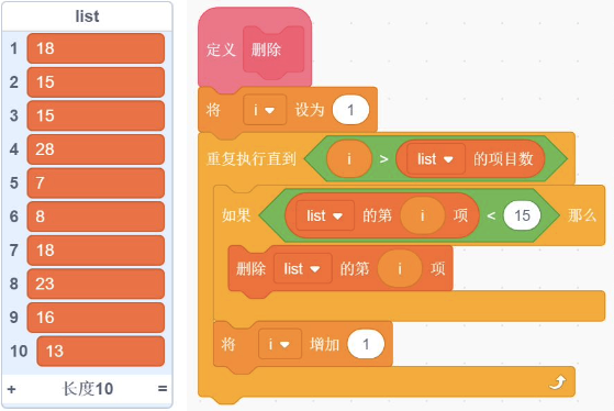 初始列表与删除程序积木