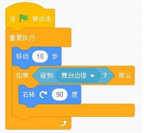 点击绿旗后重复执行移动10步，碰到舞台边缘右转90度的Scratch脚本