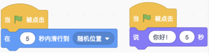两个绿旗脚本，分别执行5秒滑行到随机位置、说“你好!”5秒